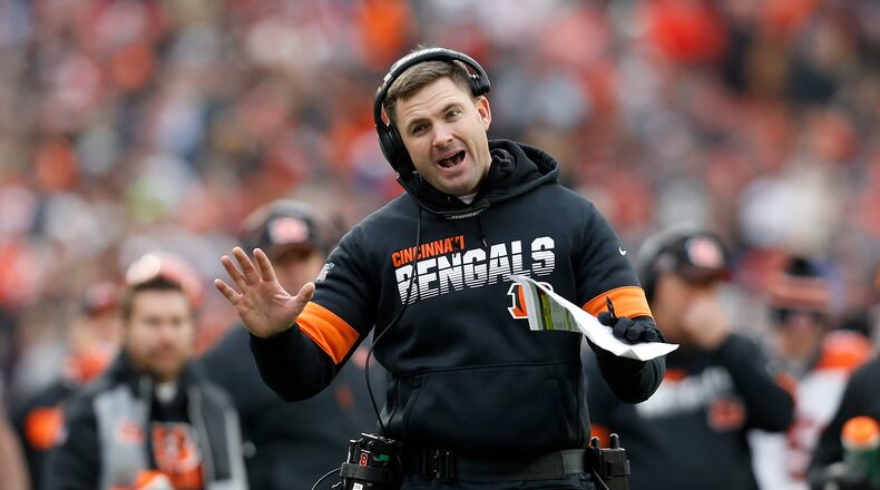 CLEVELAND, OH - DECEMBER 8: Head coach Zac Taylor of the Cincinnati Bengals argues a call with an official during the third quarter of the game against the Cleveland Browns at FirstEnergy Stadium on December 8, 2019 in Cleveland, Ohio. Cleveland defeated Cincinnati 27-19. (Photo by Kirk Irwin/Getty Images)