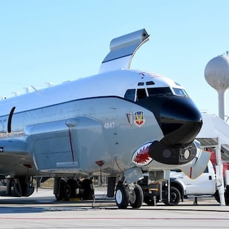 An RC-135U sits on the flightline while airmen from the 178th Wing tour the plane Dec. 7, 2019 at Wright Patterson Air Force Base. Air National Guard photo by Senior Airman Amber Mullen