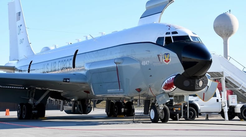 An RC-135U sits on the flightline while airmen from the 178th Wing tour the plane Dec. 7, 2019 at Wright Patterson Air Force Base. Air National Guard photo by Senior Airman Amber Mullen