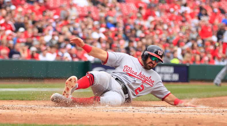 Reds against the Nationals on Saturday, March 31, 2018, at Great American Ball Park in Cincinnati. David Jablonski/Staff