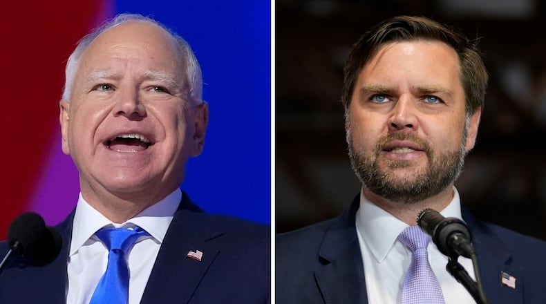 This combination of photos shows Democratic vice presidential candidate Minnesota Gov. Tim Walz, left, at the DNC on Aug. 21, 2024, in Chicago, and Republican vice presidential nominee Sen. JD Vance, R-Ohio, on Sept. 25, 2024, in Traverse City, Mich. (AP Photo)