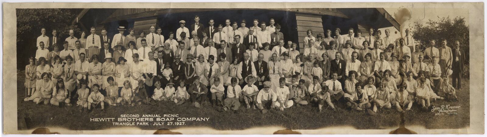 Second Annual picnic of the Hewitt Brothers Soap Company at Triangle Park, July 27, 1927. The photo is from William 'Bill' Smith of Dayton. His mother worked at Hewitt Soap, at the corner of Linden Ave and Davis.