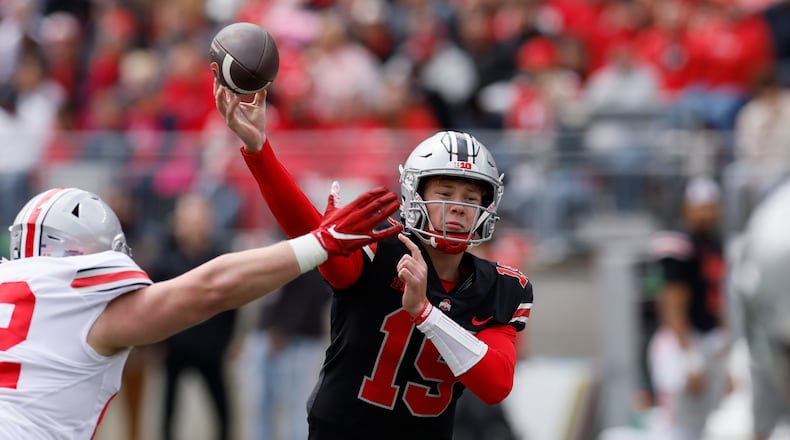 FILE - Ohio State quarterback Devin Brown throws a pass during an NCAA college spring football game Saturday, April 16, 2022, in Columbus, Ohio. Ohio State opens their season on Sept. 2 at Indiana. (AP Photo/Jay LaPrete, File)