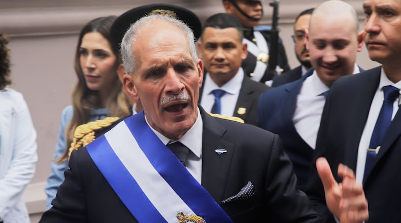 FILE - Honduran President Nasry Asfura speaks wearing the presidential sash after his inauguration ceremony at Congress in Tegucigalpa, Honduras, Jan. 27, 2026. (AP Photo/Fernando Destephen, File)