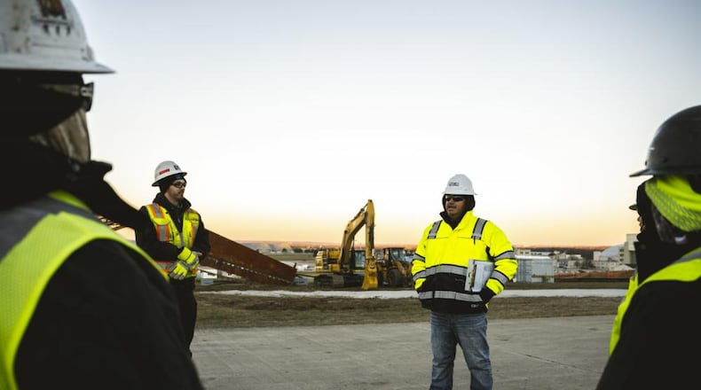 Roger Talamantez, Weston Solutions safety officer, gives a safety brief to his crew Nov. 21 before work begins at Wright-Patterson Air Force Base. A trench construction project in Area B is underway to help remove substances previously used in firefighting from groundwater. (U.S. Air Force photo by Hannah Carranza)