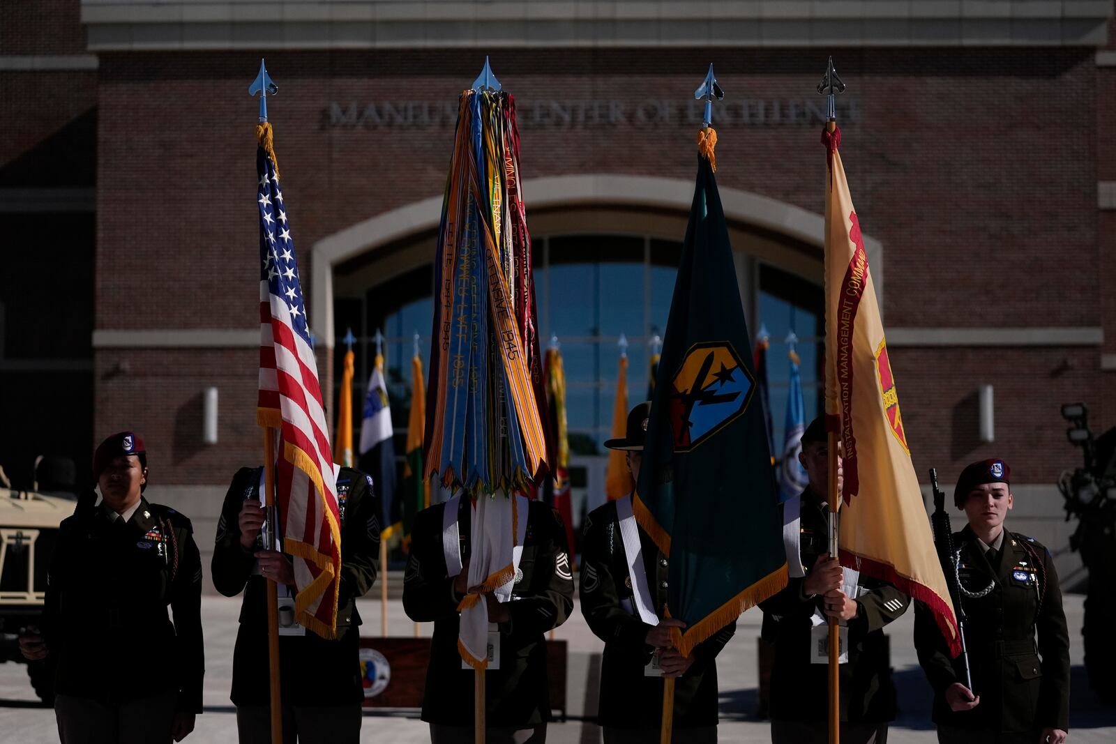 The Army's color guard is seen during a ceremony at Fort Benning, honoring new namesake of World War I Fred Benning on Wednesday, April 16, 2025, in Fort Benning, Ga. (AP Photo/Brynn Anderson)