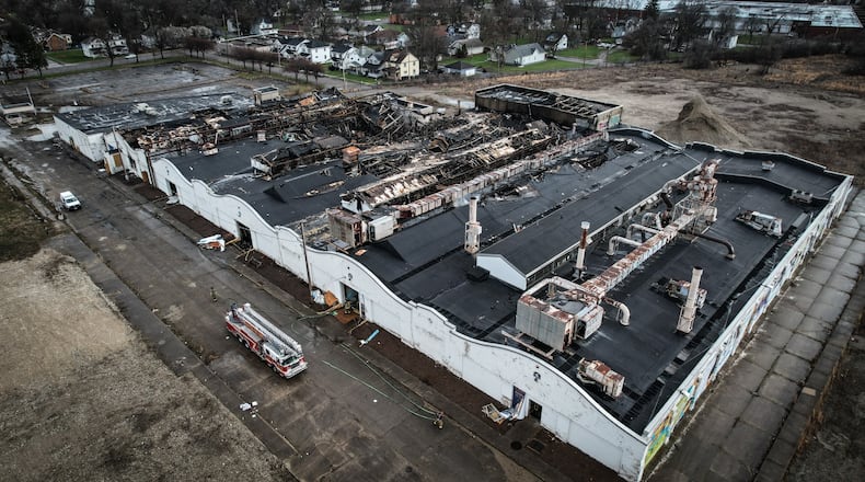 Much of the roof of the Wright Company Factory site has been damaged from an Sunday morning fire. JIM NOELKER/STAFF
