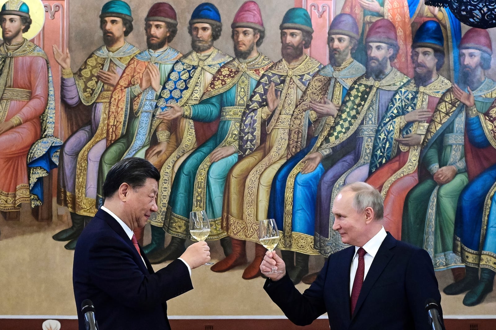FILE - Russian President Vladimir Putin, right, and Chinese President Xi Jinping raise a toast at their dinner in the Hall of Facets in the Kremlin in Moscow on March 21, 2023. (Pavel Byrkin, Sputnik, Kremlin Pool Photo via AP, File)