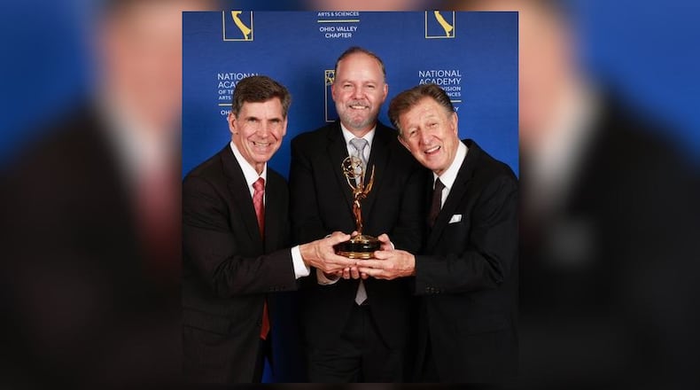 Left to right: Carillon Historical Park President and CEO Brady Kress, MainSail Productions CEO Michael Weber and Gary Sandy celebrate "A Very Carillon Christmas" winning an Ohio Valley Emmy Award. JAMES D. DECAMP