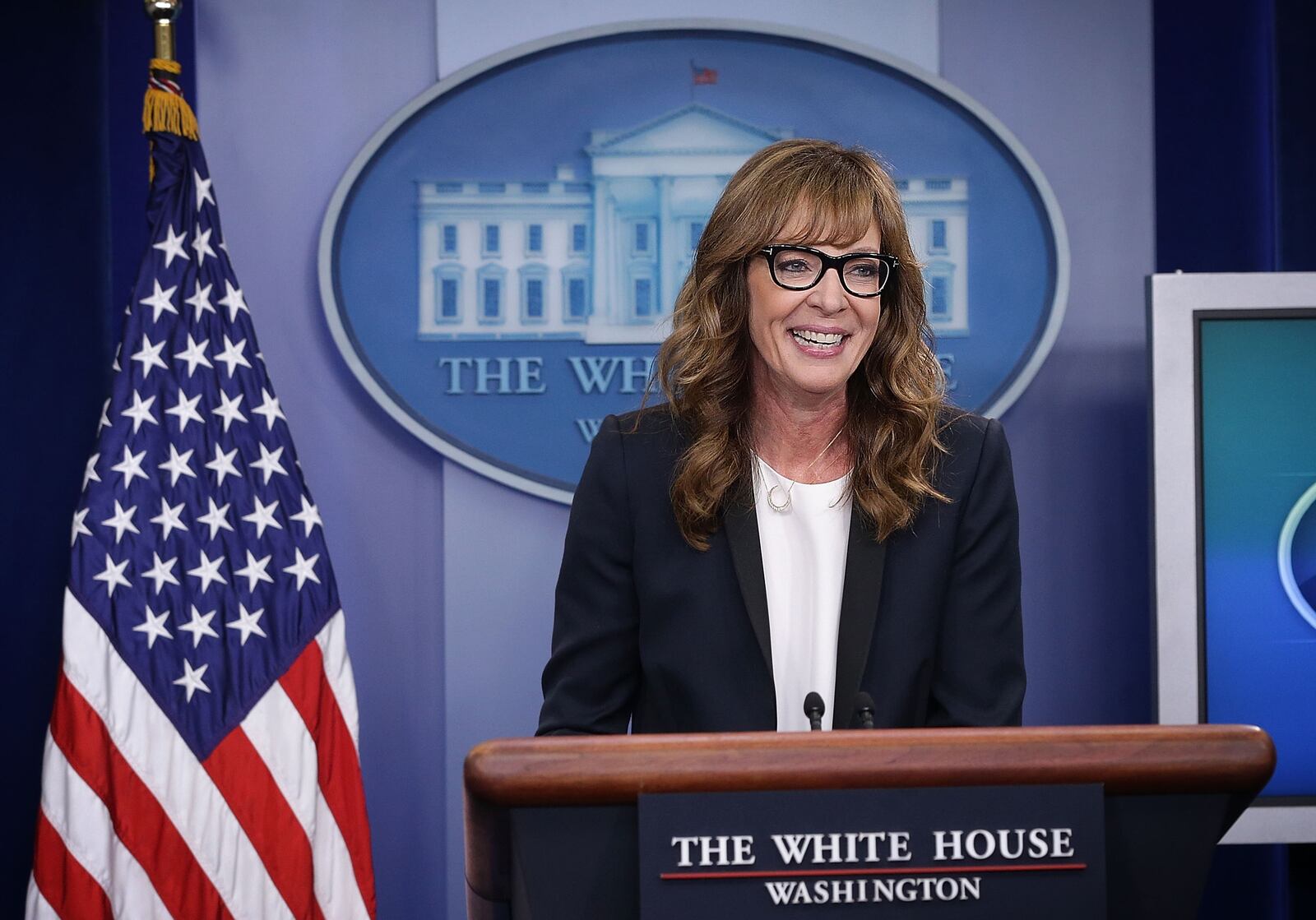 WASHINGTON, DC - APRIL 29: Actress Allison Janney speaks as she shows up to surprise members of the press crops at the James Brady Press Briefing Room of the White House April 29, 2016 in Washington, DC. Janney, who was known to viewers as White House press secretary C.J. Cregg in the drama series The West Wing, was in town to call for attention on the opioid epidemic. (Photo by Alex Wong/Getty Images)