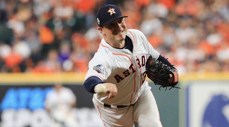Astros reliever Joe Smith pitches against the Washington Nationals during the ninth inning in Game One of the 2019 World Series at Minute Maid Park on October 22, 2019 in Houston, Texas. (Photo by Mike Ehrmann/Getty Images)