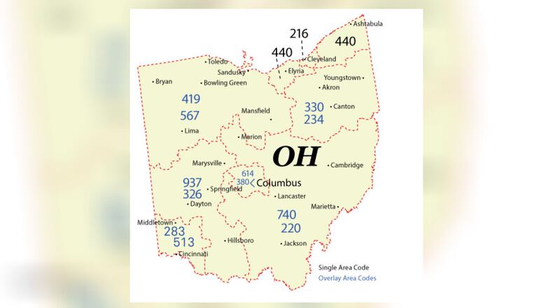 Map of Ohio's updated area codes once 283 is introduced to the Greater Cincinnati region as soon as April 28, 2023. CONTRIBUTED/North American Numbering Plan Administrator