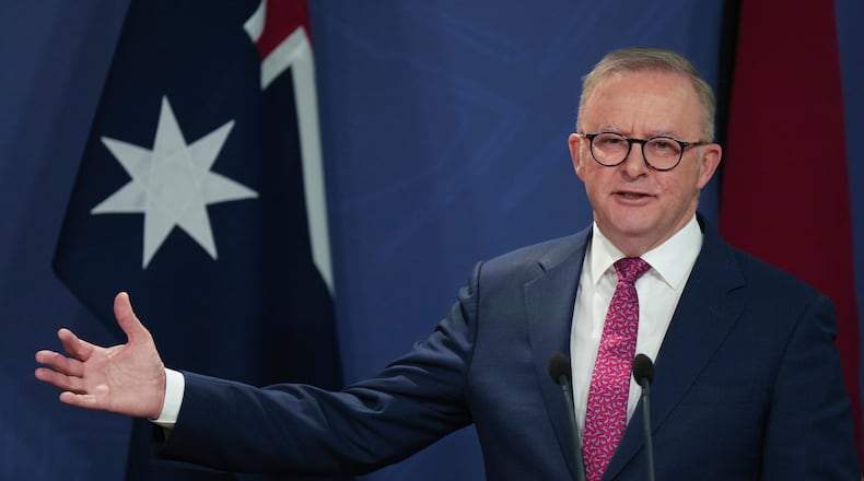 FILE - Australian Prime Minister Anthony Albanese gestures during a press conference in Sydney, Australia, Dec. 12, 2024. (AP Photo/Mark Baker, File)