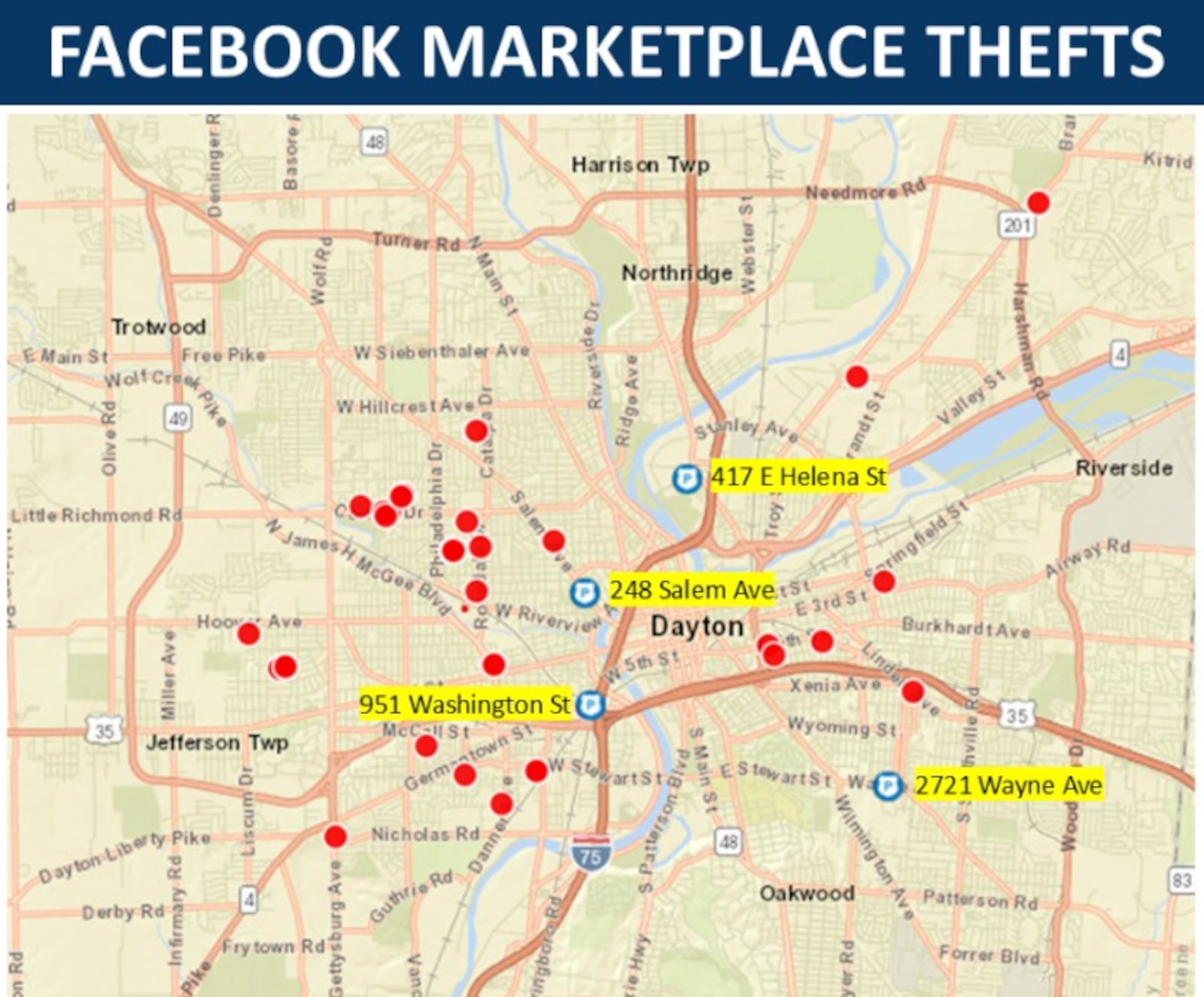 Dayton police are warning the public of Facebook Marketplace thefts in the area. At least 40 thefts have been reported in the city so far in 2025. Map courtesy the Dayton Police Department.