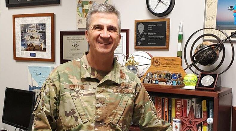 Brig. Gen. Ryan Britton, program executive officer for the Air Force Life Cycle Management Center’s Presidential and Executive Airlift Directorate, discusses recent accomplishments and upcoming milestones. (U.S. Air Force photo)