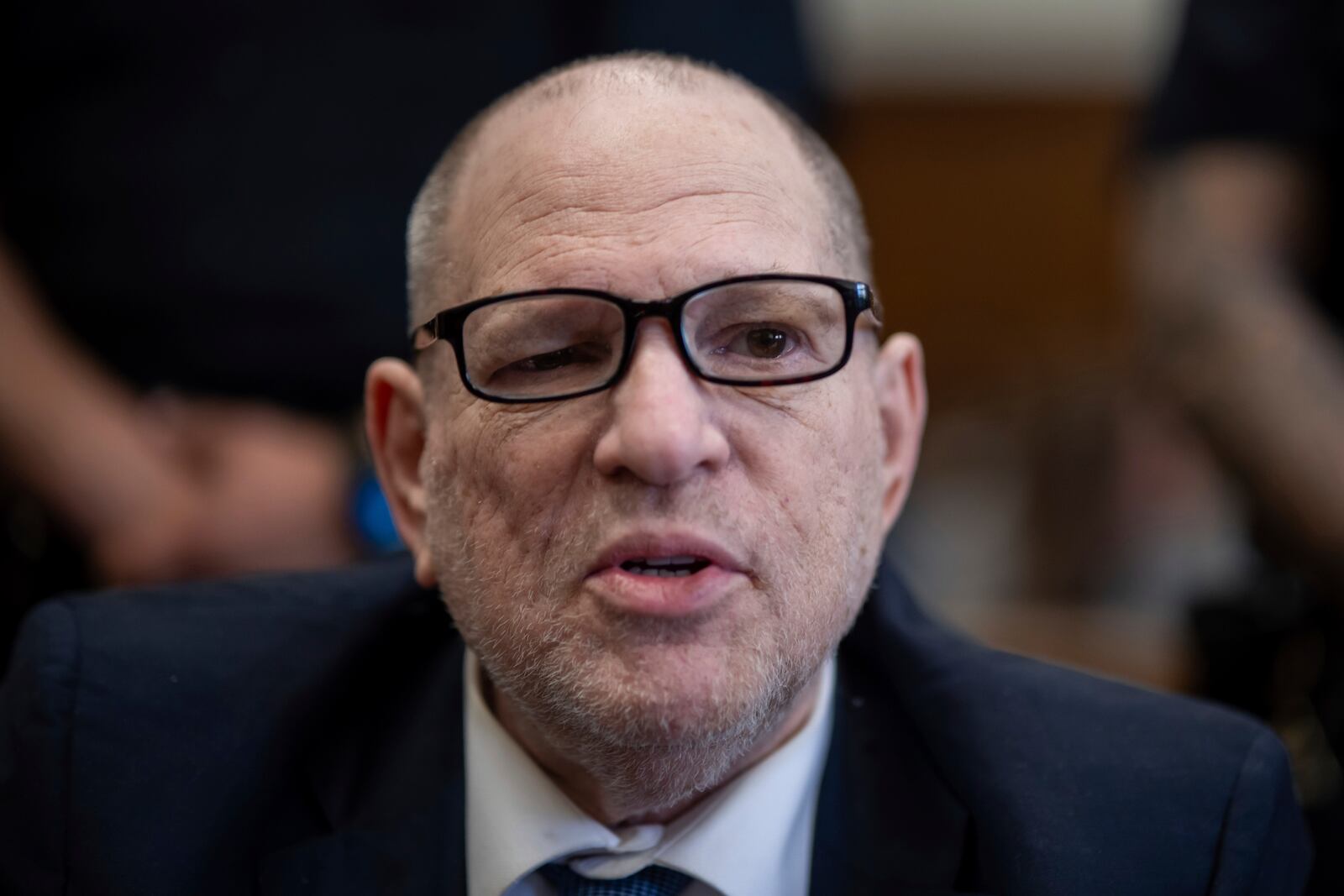 Harvey Weinstein appears in Manhattan Criminal Court, for the third day of jury selection in his retrial, Thursday, April 17, 2025 in New York. (AP Photo/Adam Gray, Pool)