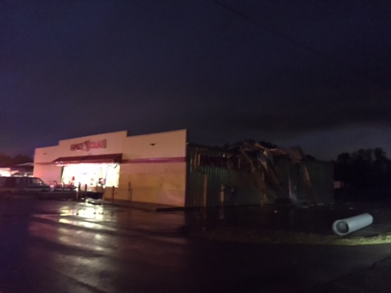 This Family Dollar store in Park Layne, Clark County, was heavily damaged in Wednesday night's storm and suspected tornado. (Gabrielle Enright/Staff)