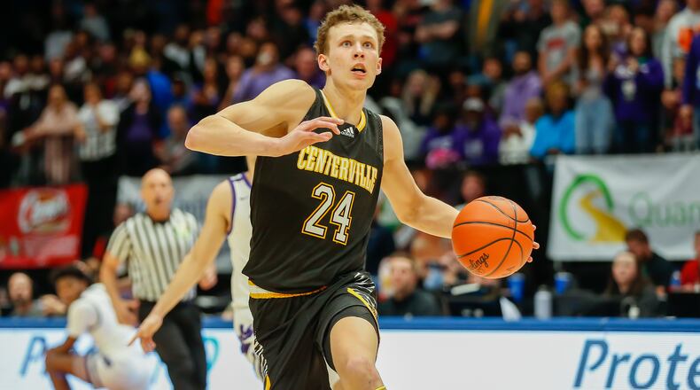 Centerville's Rich Rolf eyes the basket during Sunday's Division I state championship game at UD Arena. Michael Cooper/CONTRIBUTED