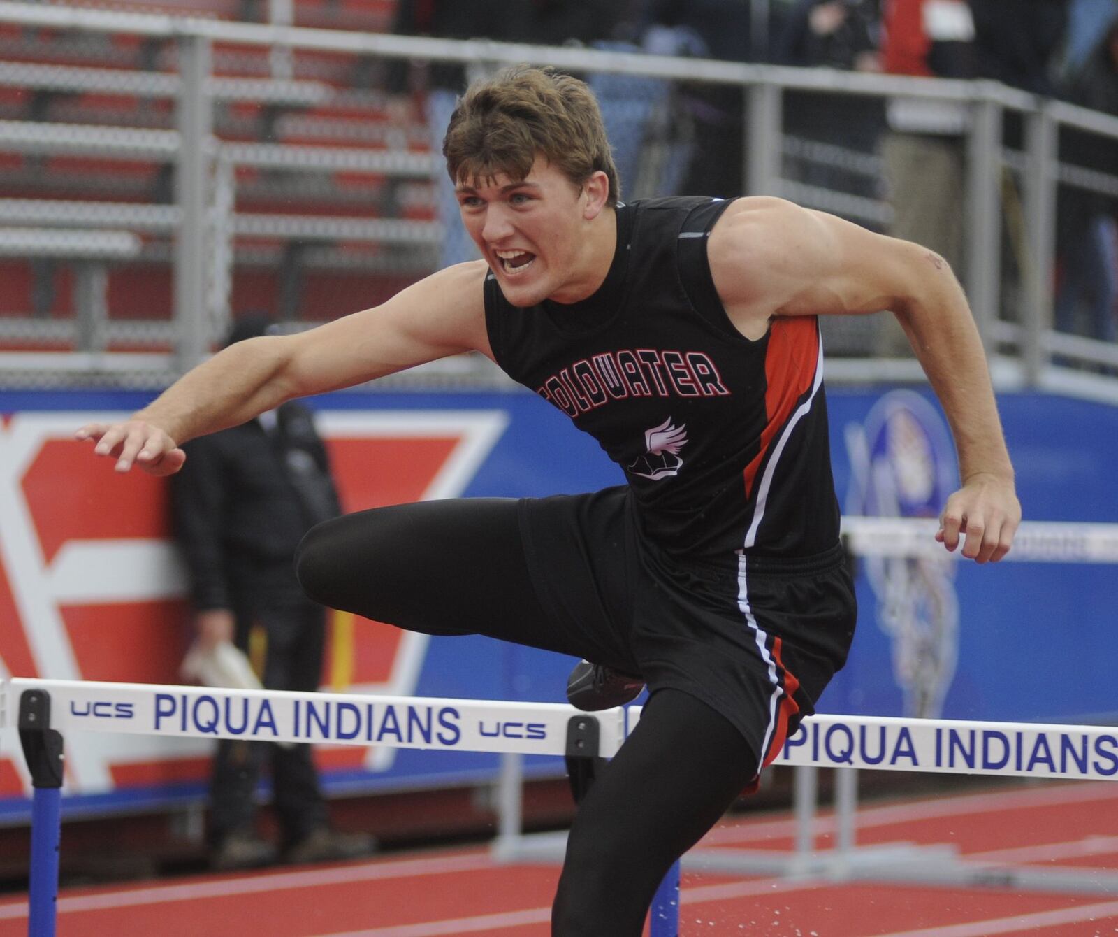 Coldwater senior Zach Klosterman runs in the 110 high hurdles semifinals during the D-II regional track and field meet at Piqua’s Alexander Stadium on Thursday, May 25, 2017. MARC PENDLETON / STAFF
