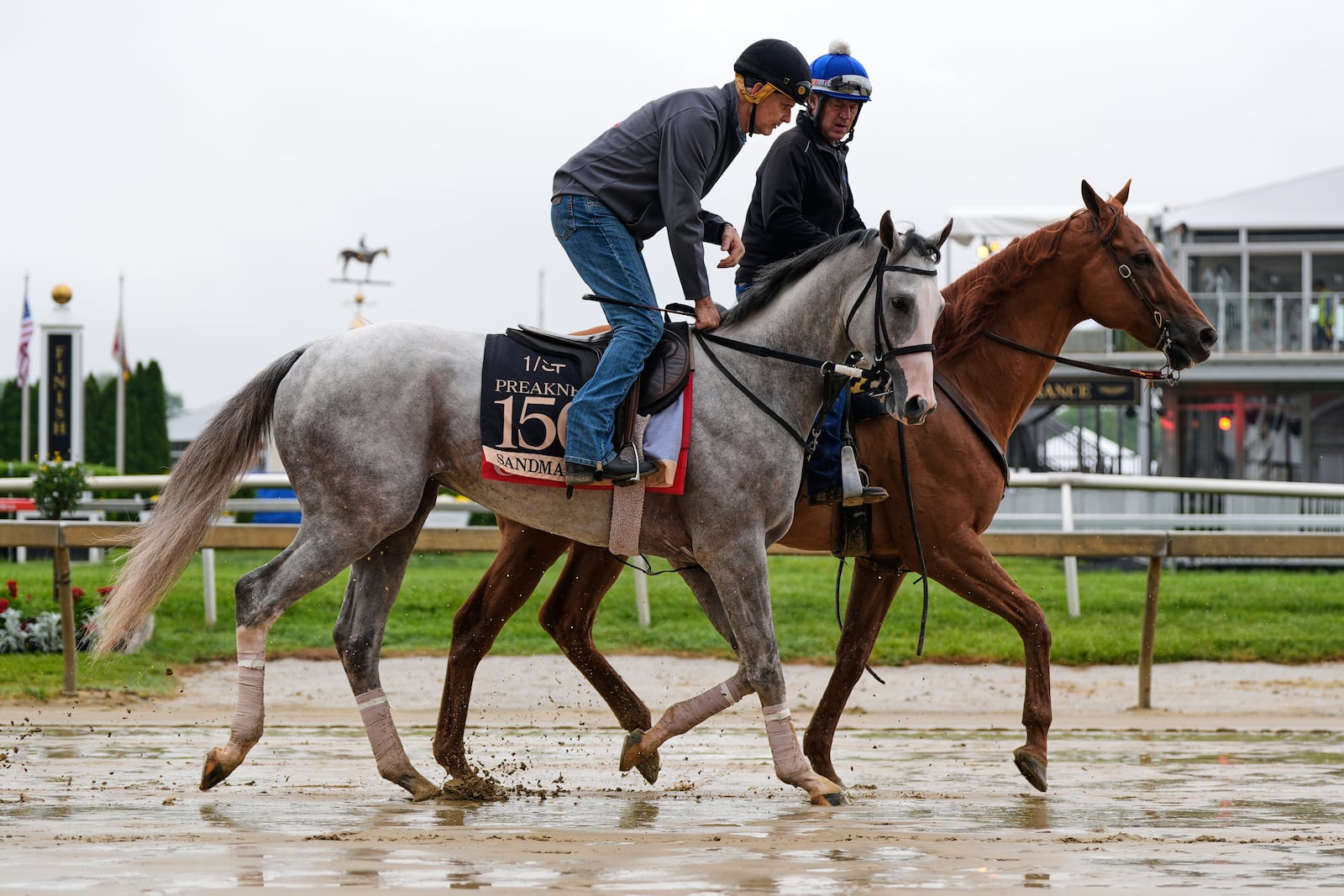 Preakness Stakes entrant Sandman, left, works out at Pimlico Race Course, Thursday, May 15, 2025, in Baltimore. (AP Photo/Stephanie Scarbrough)