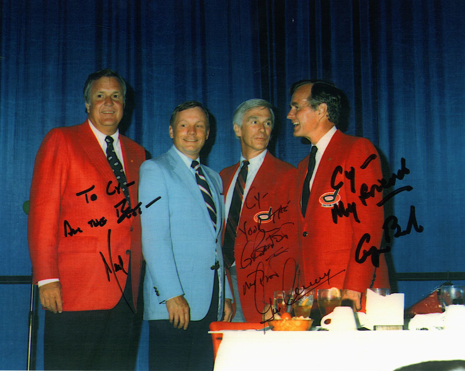 Cy Laughter, Neil Armstrong, Gene Cernan and George Bush and photographed together in Dayton in 1987.
