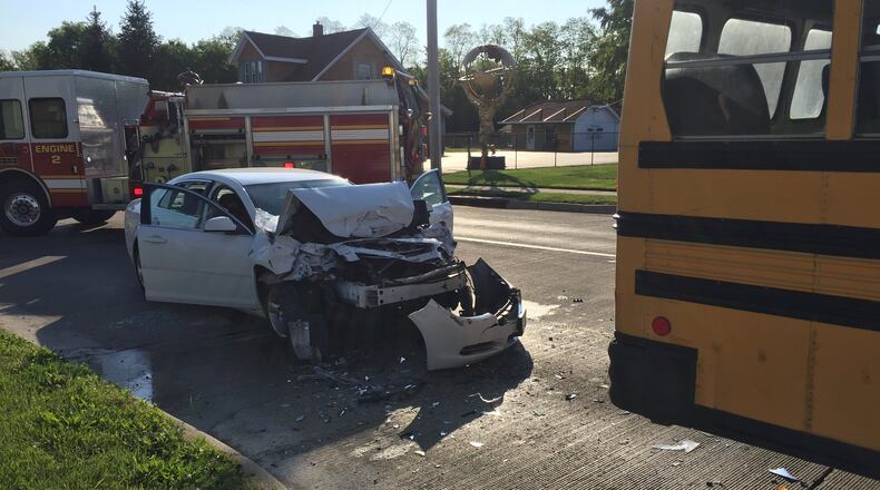 Nine Kiser Elementary students were injured in rear-end crash on Troy Street in Dayton on Monday morning, according to officials. Injuries were minor, according to reports. ADAM MARSHALL/STAFF
