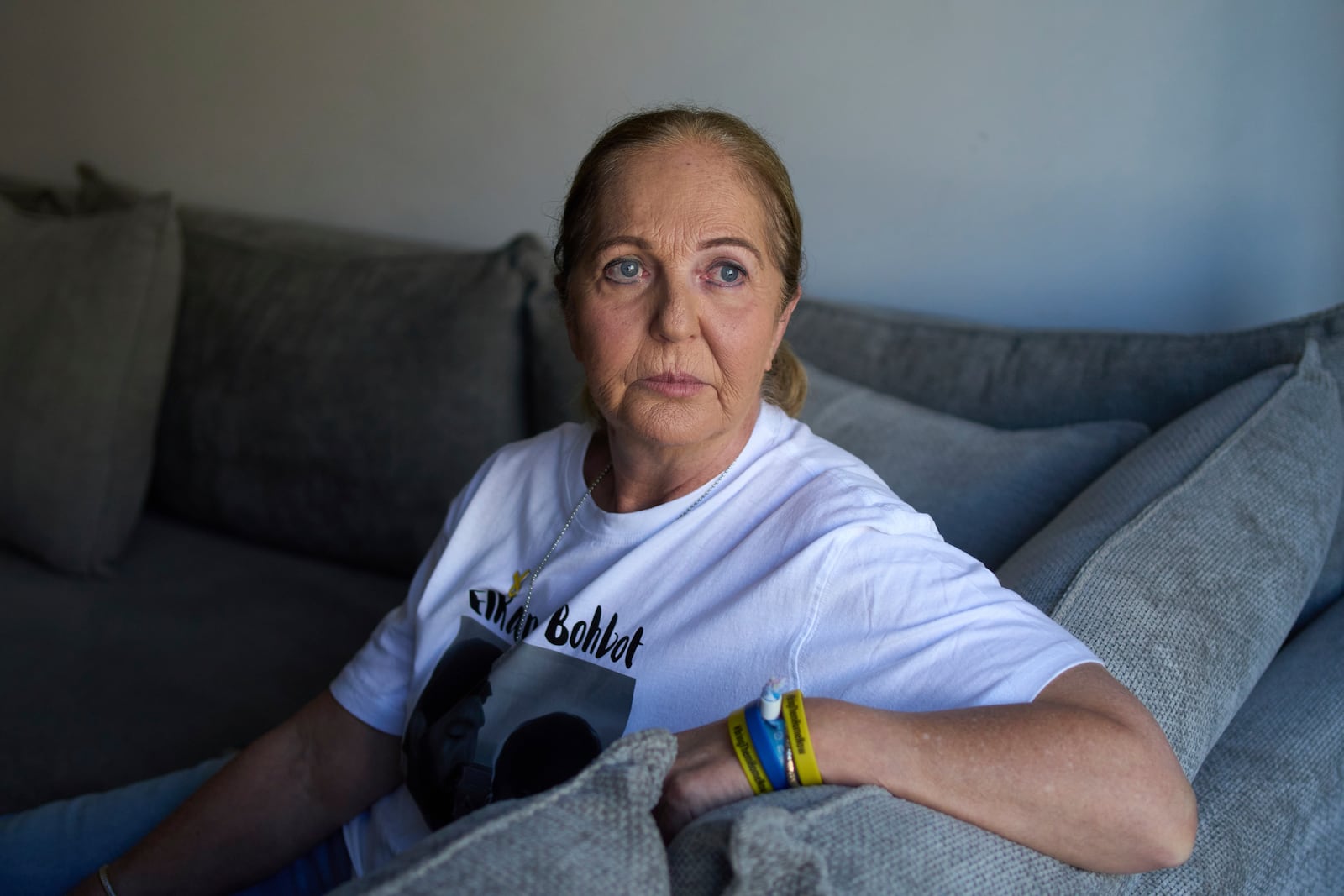 Ruhama Bohbot, mother of hostage Elkana Bohbot, poses for a portrait at home in Mevaseret Zion, Israel, Wednesday, May 7, 2025. (AP Photo/Maya Alleruzzo)