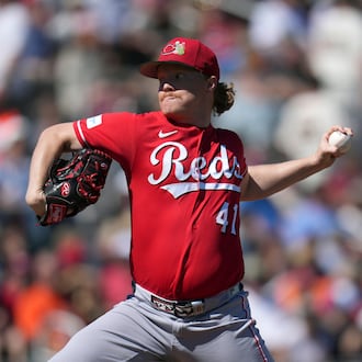 Cincinnati Reds starting pitcher Andrew Abbott throws against the San Francisco Giants during the first inning of a spring training baseball game Friday, March 6, 2026, in Scottsdale, Ariz. (AP Photo/Ross D. Franklin)