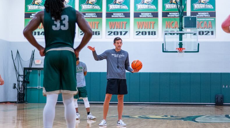 Wright State University basketball coach Clint Sargent talks to his players during a practice this summer. NICK PHILLIPS / WRIGHT STATE ATHLETICS