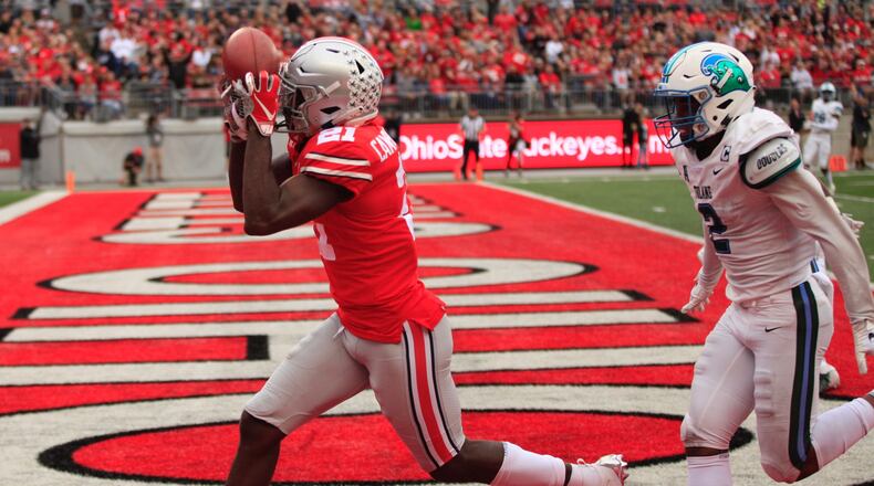Ohio Stateâs Parris Campbell catches a touchdown against Tulane on Saturday, Sept. 22, 2018, at Ohio Stadium in Columbus. David Jablonski/Staff