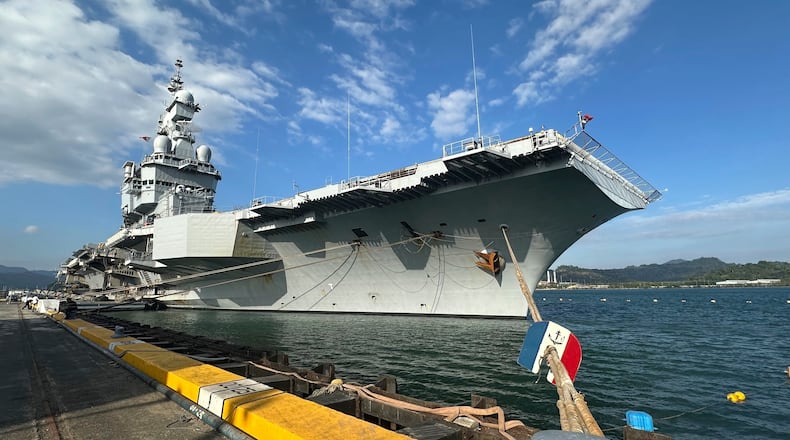 FILE - French aircraft carrier The Charles de Gaulle docks at Subic Bay port, a former U.S. Naval base northwest of Manila, Philippines, Sunday, Feb. 23, 2025. (AP Photo/Joeal Calupitan, File)