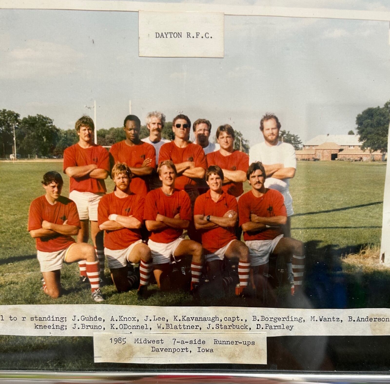 The Dayton Area Rugby Club 7s team that finished seventh in the nation. From left, standing: John Guhde, A. Knox, J. Lee, Kevin Kavanaugh, Bob Borgerding, Mike Wantz, Bob Anderson. Kneeling: J. Bruno, Kevin O’Donnel, Wray Blattner, J. Starbuck, Dave Parmley. CONTRIBUTED