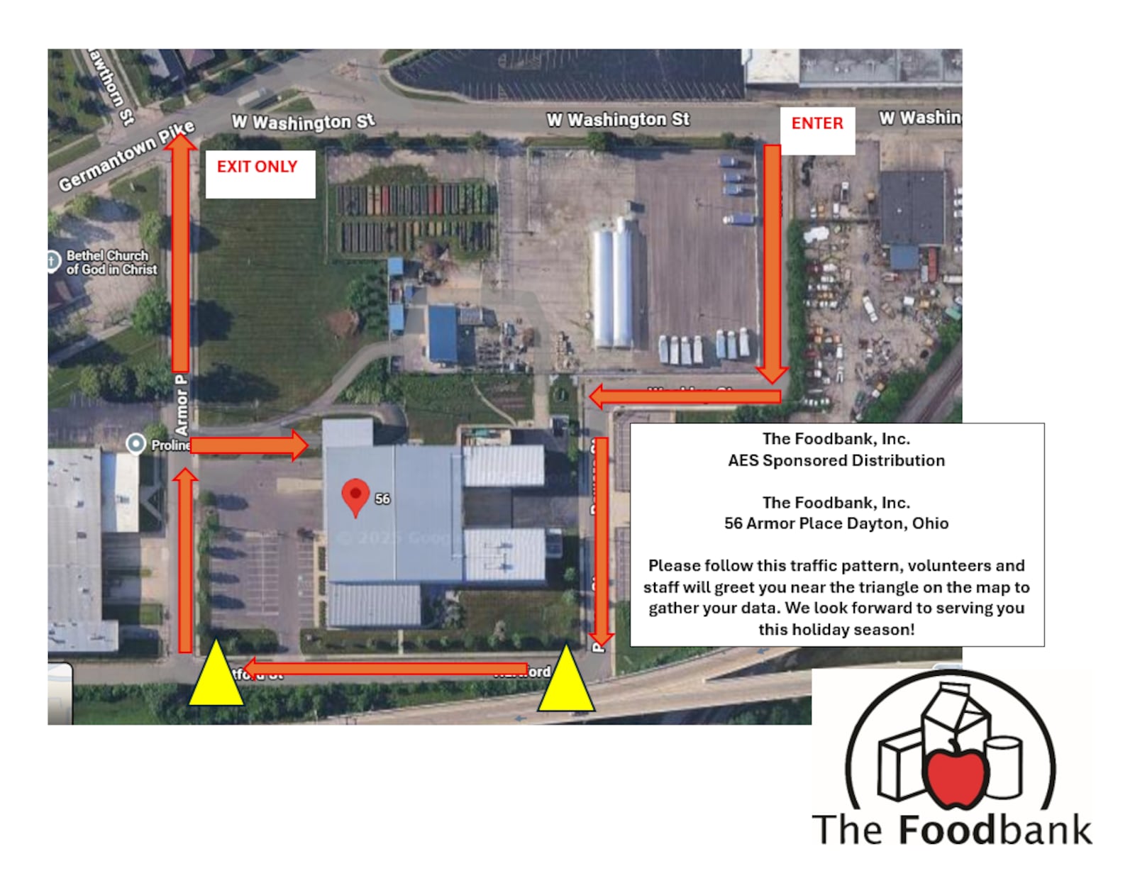 A map of The Foodbank, Inc.'s special holiday drive-thru food distribution pop-up in partnership with AES Ohio and the AES Ohio Foundation taking place on Tuesday.
