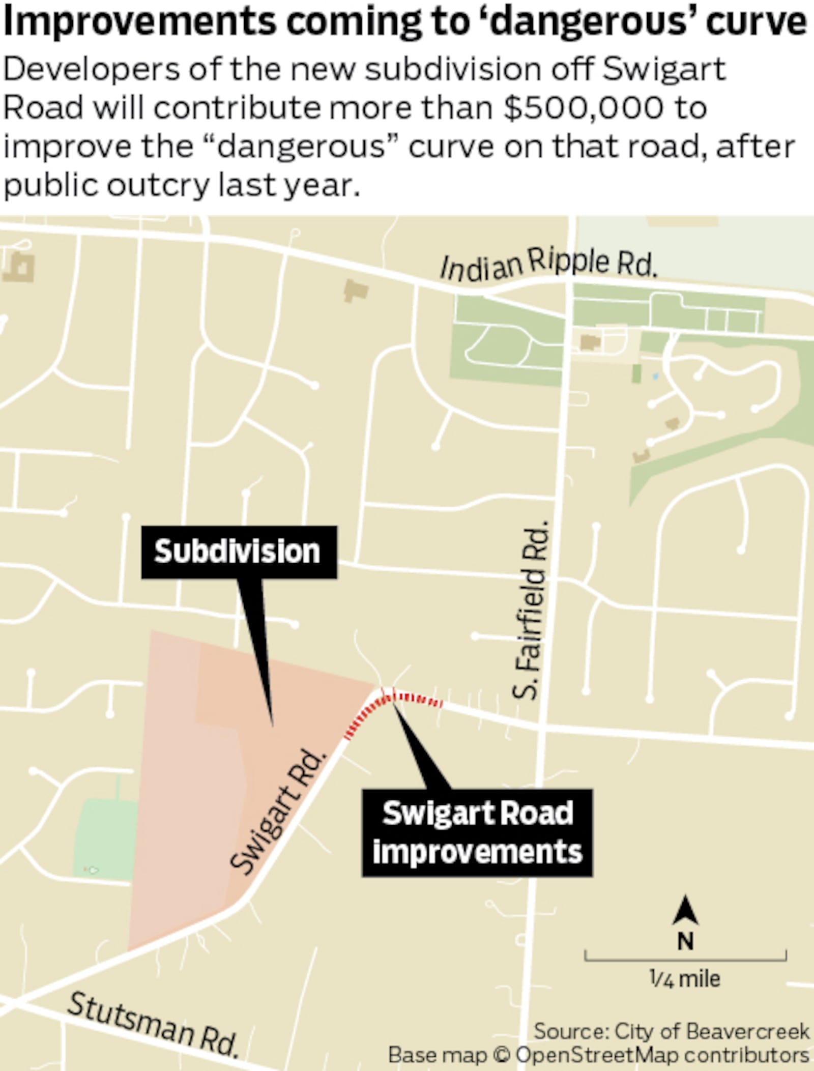 Grand Communities, which is building out Ella's Garden on the south side of Beavercreek, will pay for the reconstruction of a curve that was the subject of public outcry last year.