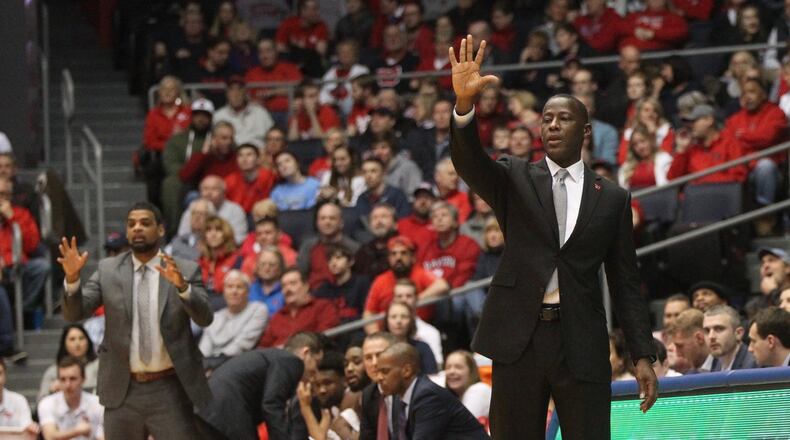 Dayton’s Anthony Grant coaches during a game against Rhode Island on Friday, March 1, 2019, at UD Arena. David Jablonski/Staff