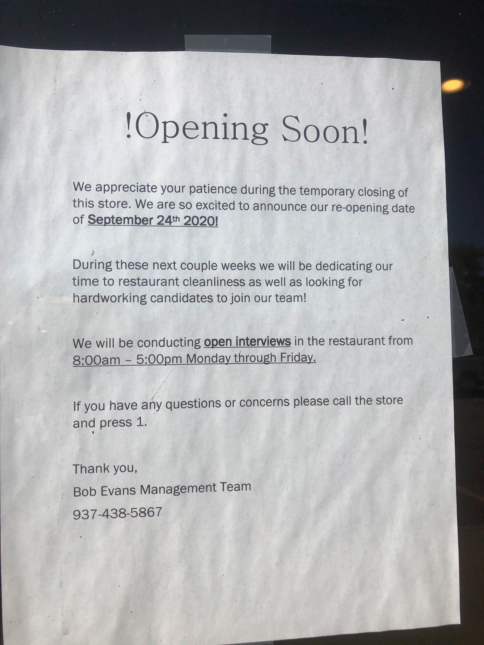 Idled for months as its sister restaurants across the Dayton area reopened, a Bob Evans restaurant on Wilmington Pike in Centerville is poised to reopen Thursday, Sept. 24, according to a sign taped to its door. MARK FISHER/STAFF