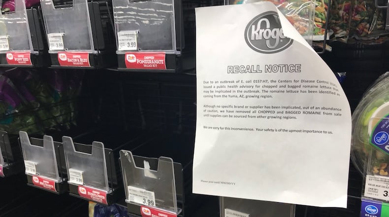 Kroger removed chopped and bagged romaine lettuce from its shelves as a precautionary measure amid an E. coli outbreak. KAITLIN SCHROEDER/STAFF