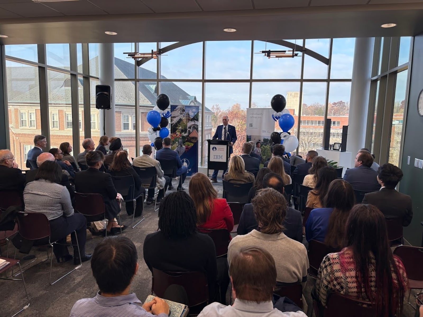 University of Dayton President Eric Spina speaks Wednesday Nov. 19, 2025 on the fifth floor of the Kettering Labs at UD. THOMAS GNAU/STAFF