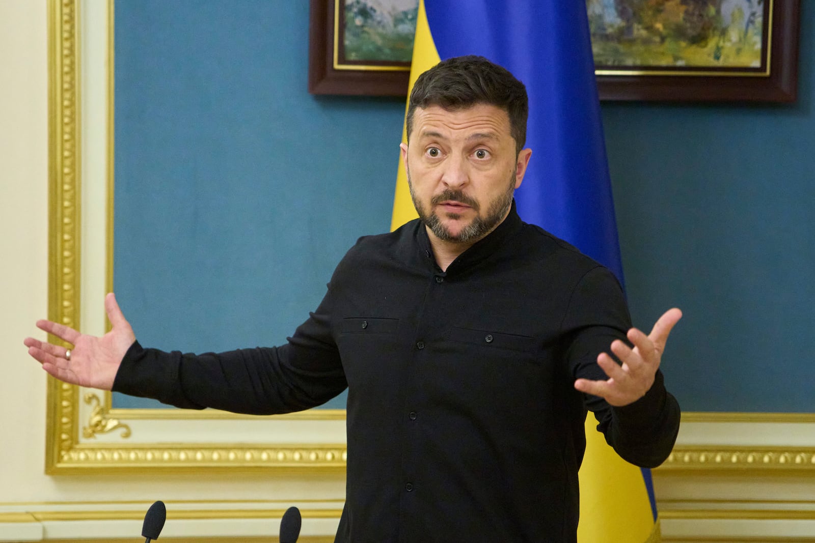 Ukrainian President Volodymyr Zelenskyy speaks during a briefing in Kyiv, Ukraine, Monday, May 19, 2025. (AP Photo/Efrem Lukatsky)
