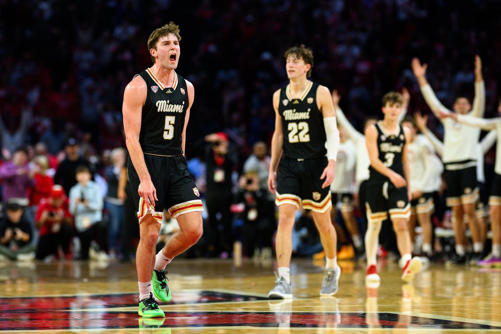 Peter Suder celebrates the final basket of the second half during their game against Northern Illinois on Saturday, Jan. 31, 2026 at Millett Hall in Oxford. JEREMY MILLER / CONTRIBUTED PHOTO