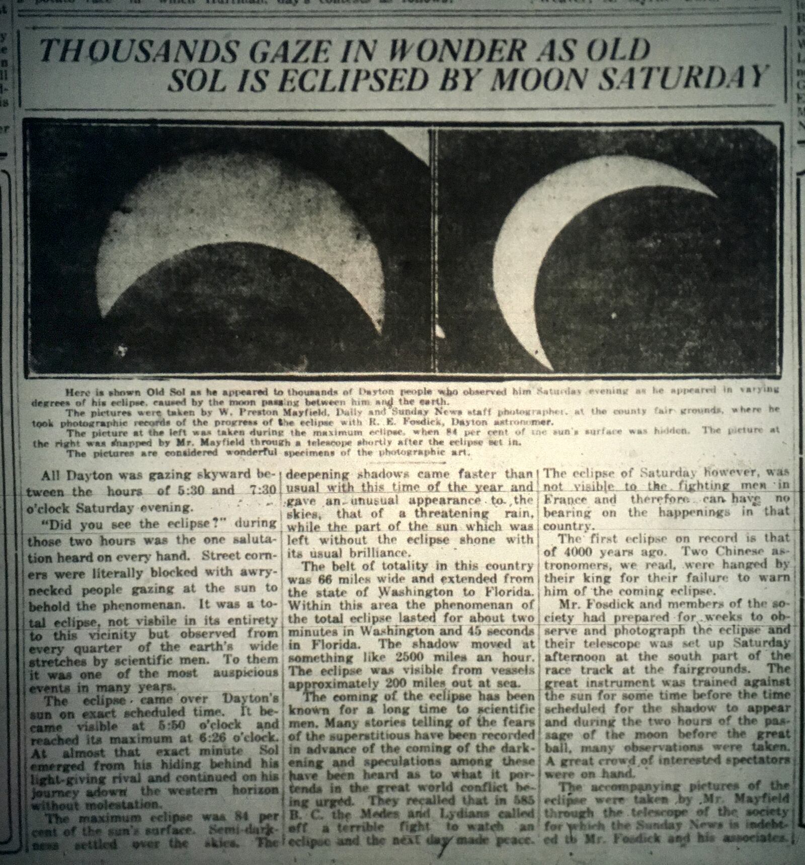 The 1918 solar eclipse was covered in the pages of the Dayton Daily News. DAYTON DAILY NEWS ARCHIVE