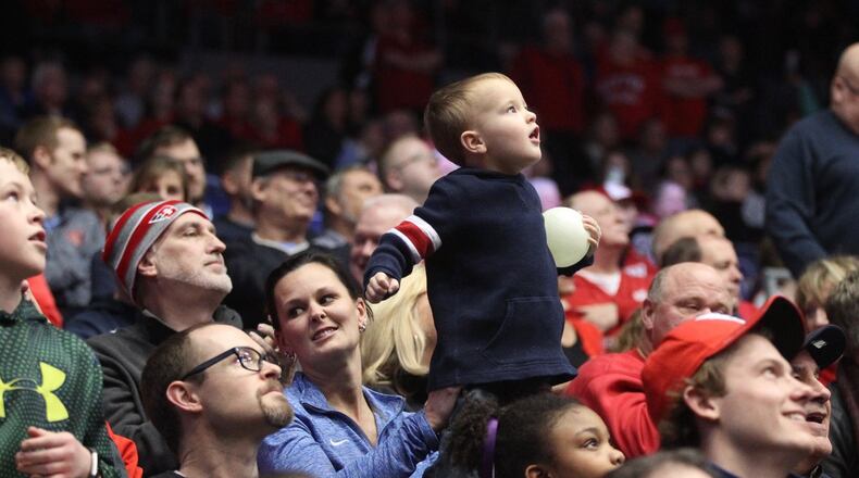 A young fan dances during Dayton’s game against Saint Joseph’s on Tuesday, Jan. 29, 2019, at UD Arena. David Jablonski/Staff