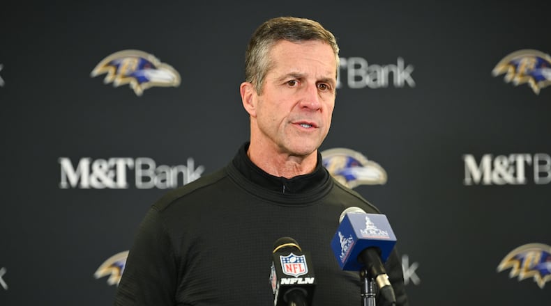 Baltimore Ravens head coach John Harbaugh speaks during a news conference after an NFL football game against the Pittsburgh Steelers, Sunday, Jan. 4, 2026, in Pittsburgh. (AP Photo/Justin Berl)