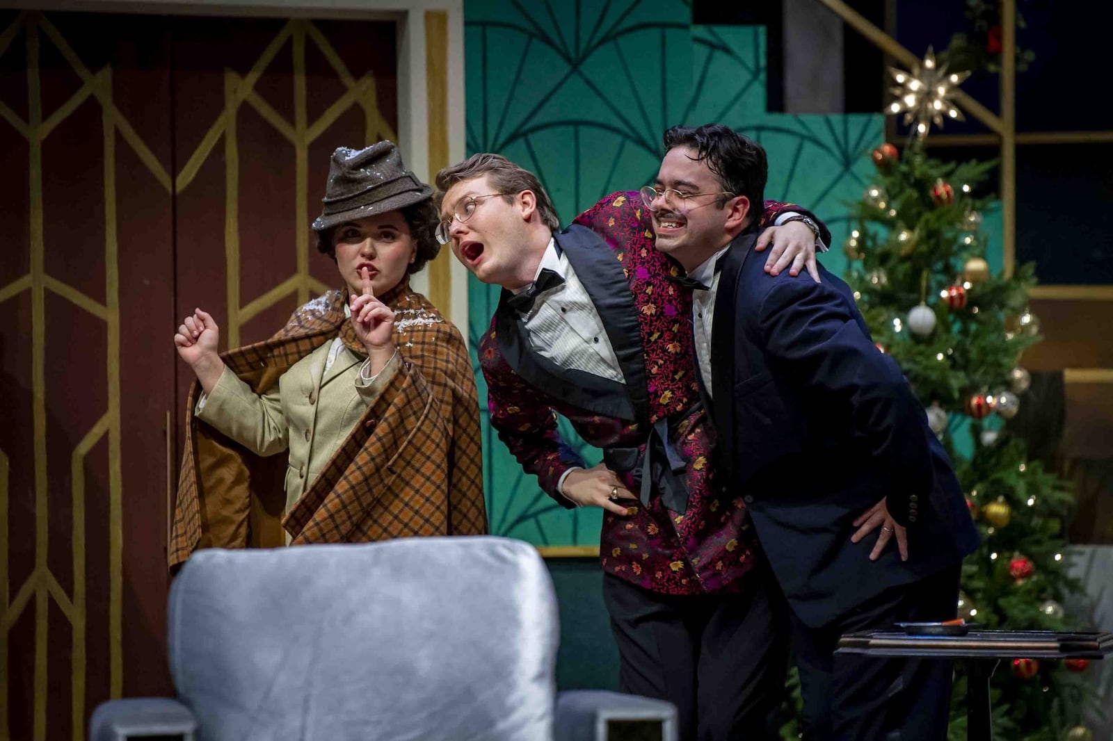 Left to right: Madysen Ashley (Inspector Goring), Joshua Ziegler (William Gillette) and Jacob Sawtelle (Felix Geisel) in Wright State University's production of "The Game's Afoot." PHOTO BY WRIGHT STATE THEATRE
