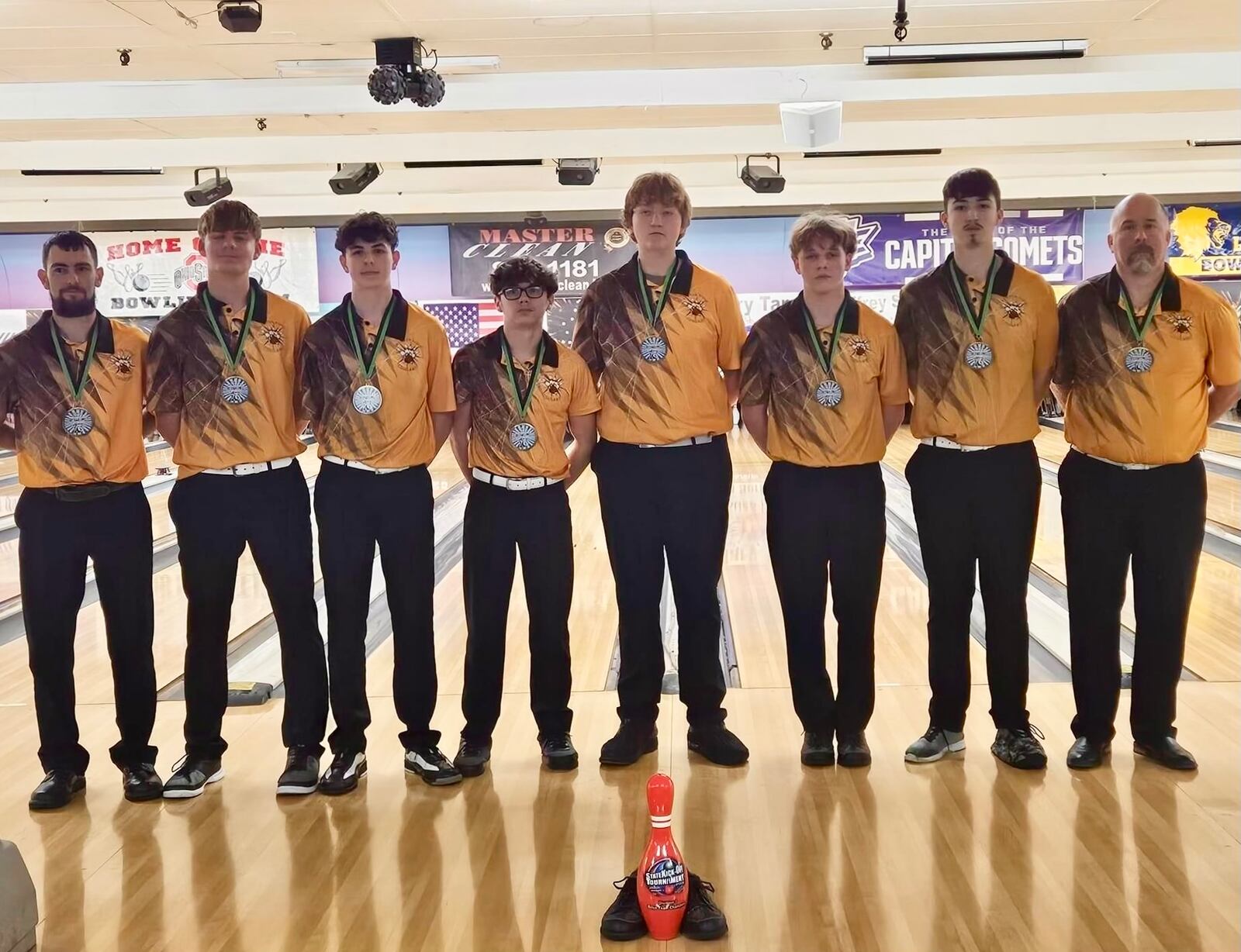 Kenton Ridge won the boys D-I title at the State Kick-Off Tournament
(Left to right - coach Shawn Lacey, Cooper Stacy, Calvin Perkins, Kebeck Wells, Isaiah Pace, Landon Matheny, Logan Duncan, head coach Kevin Duncan)