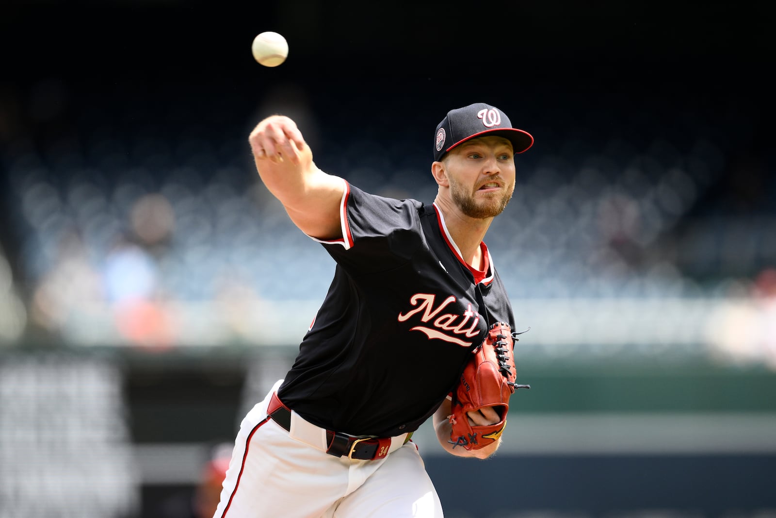 Washington Nationals starting pitcher Michael Soroka throws during the first inning of a baseball game against the Cleveland Guardians, Wednesday, May 7, 2025, in Washington. (AP Photo/Nick Wass)