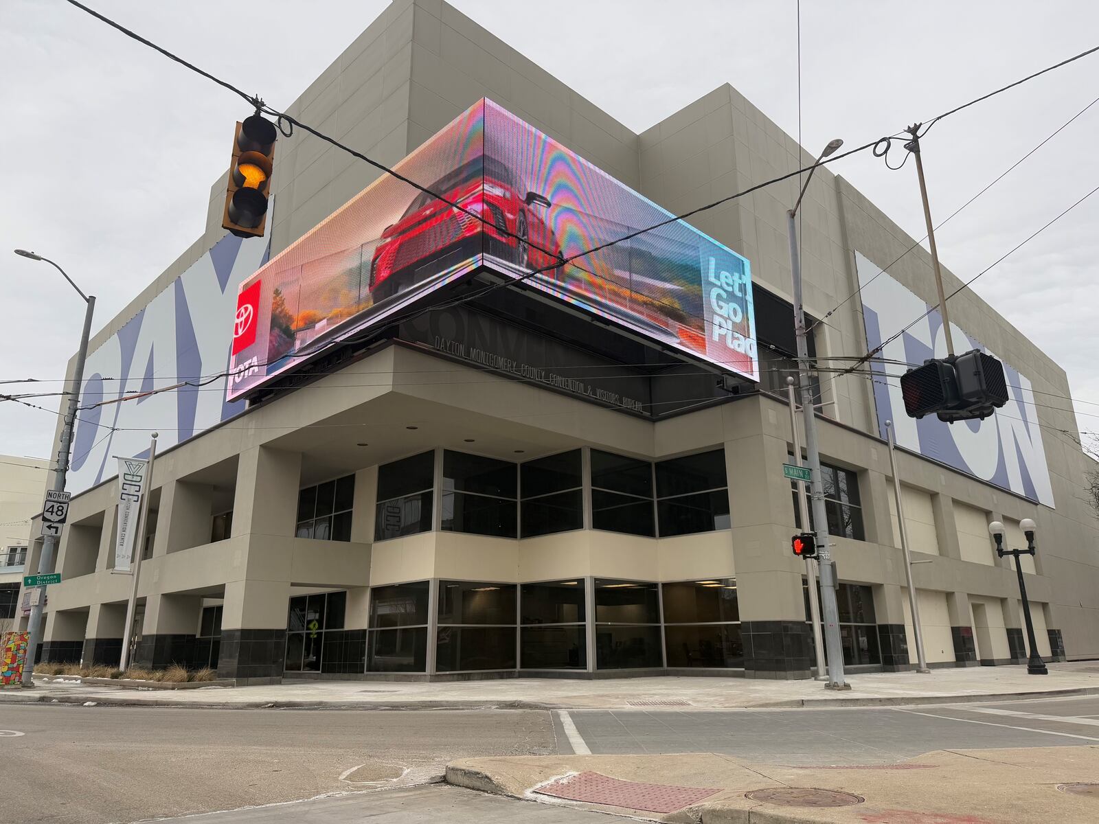 A new digital marquee has been installed on the Dayton Convention Center at Fifth and Main streets in downtown Dayton. About $45 million worth of renovations to the facility are nearly complete. CORNELIUS FROLIK / STAFF