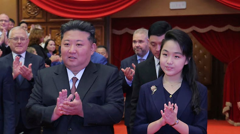 FILE - In this photo provided by the North Korean government, North Korean leader Kim Jong Un, center left, and his daughter, center right, arrive at the East Pyongyang Grand Theatre in Pyongyang, North Korea, June 29, 2025. Independent journalists were not given access to cover the event depicted in this image distributed by the North Korean government. The content of this image is as provided and cannot be independently verified. (Korean Central News Agency/Korea News Service via AP, File)