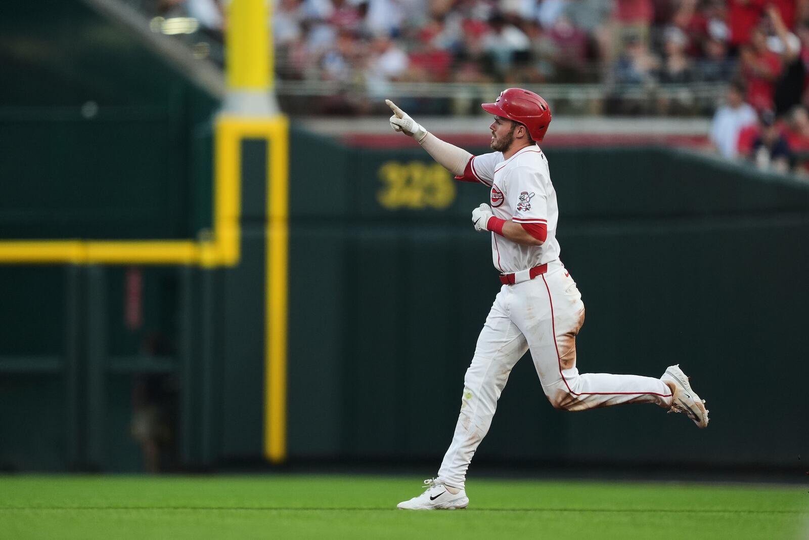 Cincinnati Reds' Gavin Lux reacts after hitting a solo home run during the fourth inning of a baseball game against the New York Yankees, Monday, June 23, 2025, in Cincinnati. (AP Photo/Joshua A. Bickel)