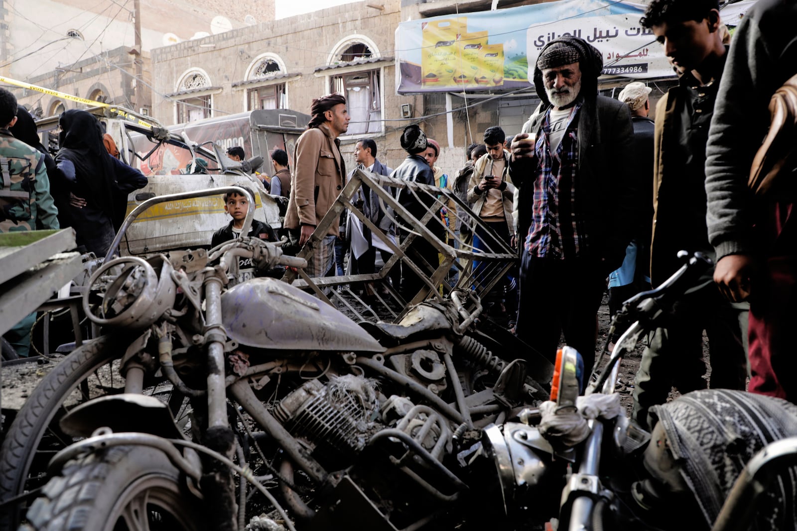 Yemenis look at damaged motorcycles at Farwah popular market, which Houthis said was struck by U.S. airstrikes, in Sanaa, Yemen, Monday, April 21, 2025. (AP Photo)